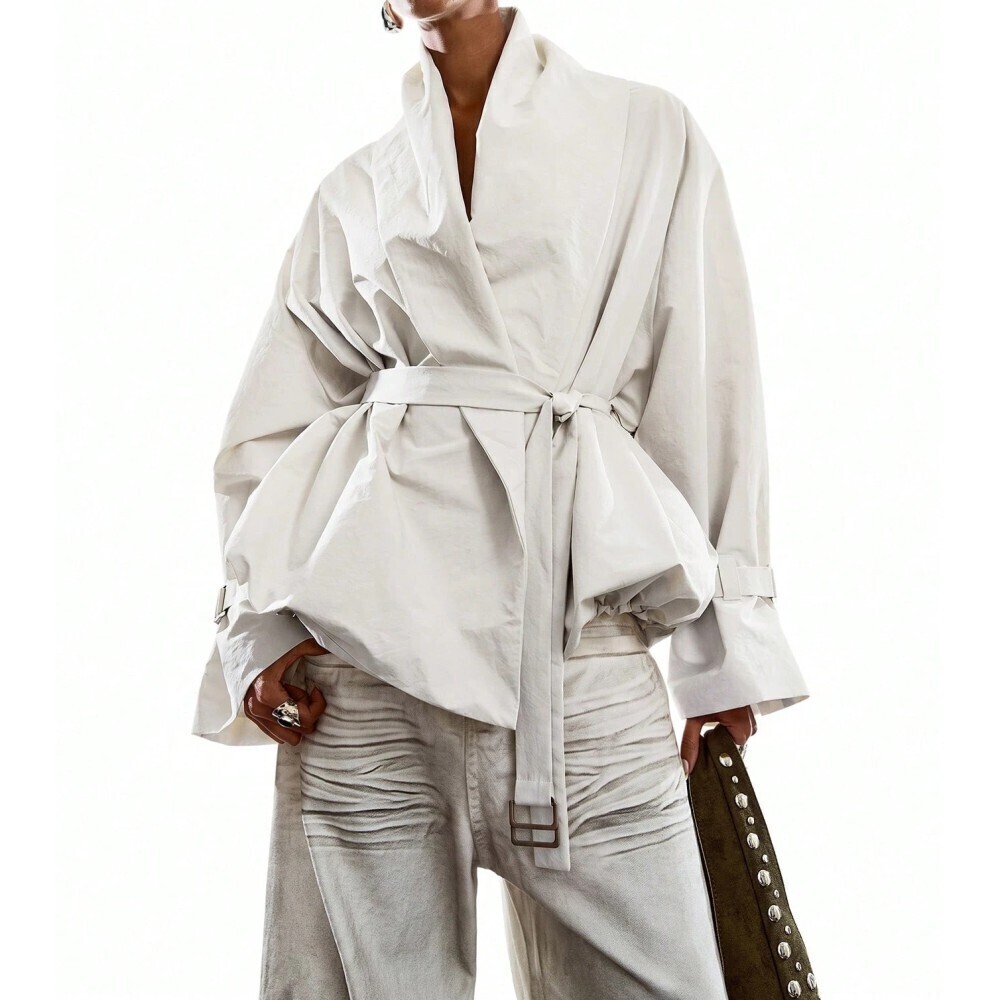 Ivory White Belted Shawl Collar Oversized Cocoon Wrap Jacket